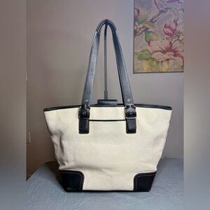 Coach Hampton Large White Woven Straw Tote with Black Leather Trim